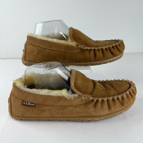 L.L. Bean Mens 8 Brown Suede Shearling Moc Slippers House Shoes - Picture 1 of 6